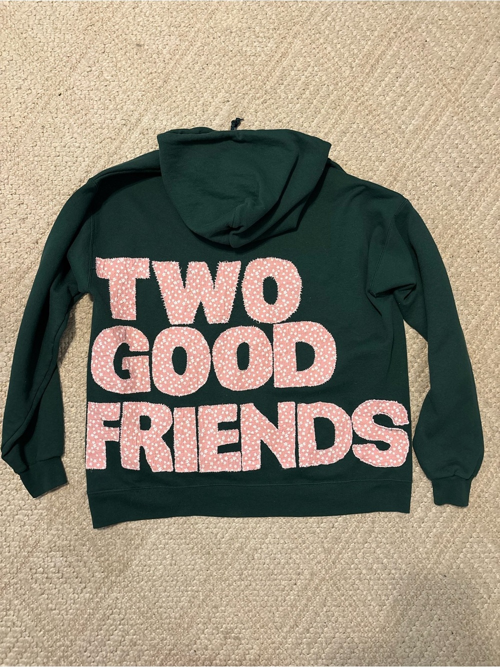 Green Hoodie with Pink 'TWO GOOD FRIENDS' Graphic